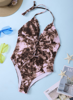 Multicolor Tie Dye Lace Up Front Plunging V One Piece Swimsuit