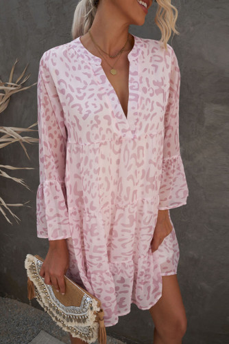 Pink Leopard Print V neck Ruffle Swing Mini Dress
