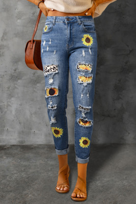 Women's Ripped Jeans Low Waist Sunflower Leopard Cut-out Ripped Jeans