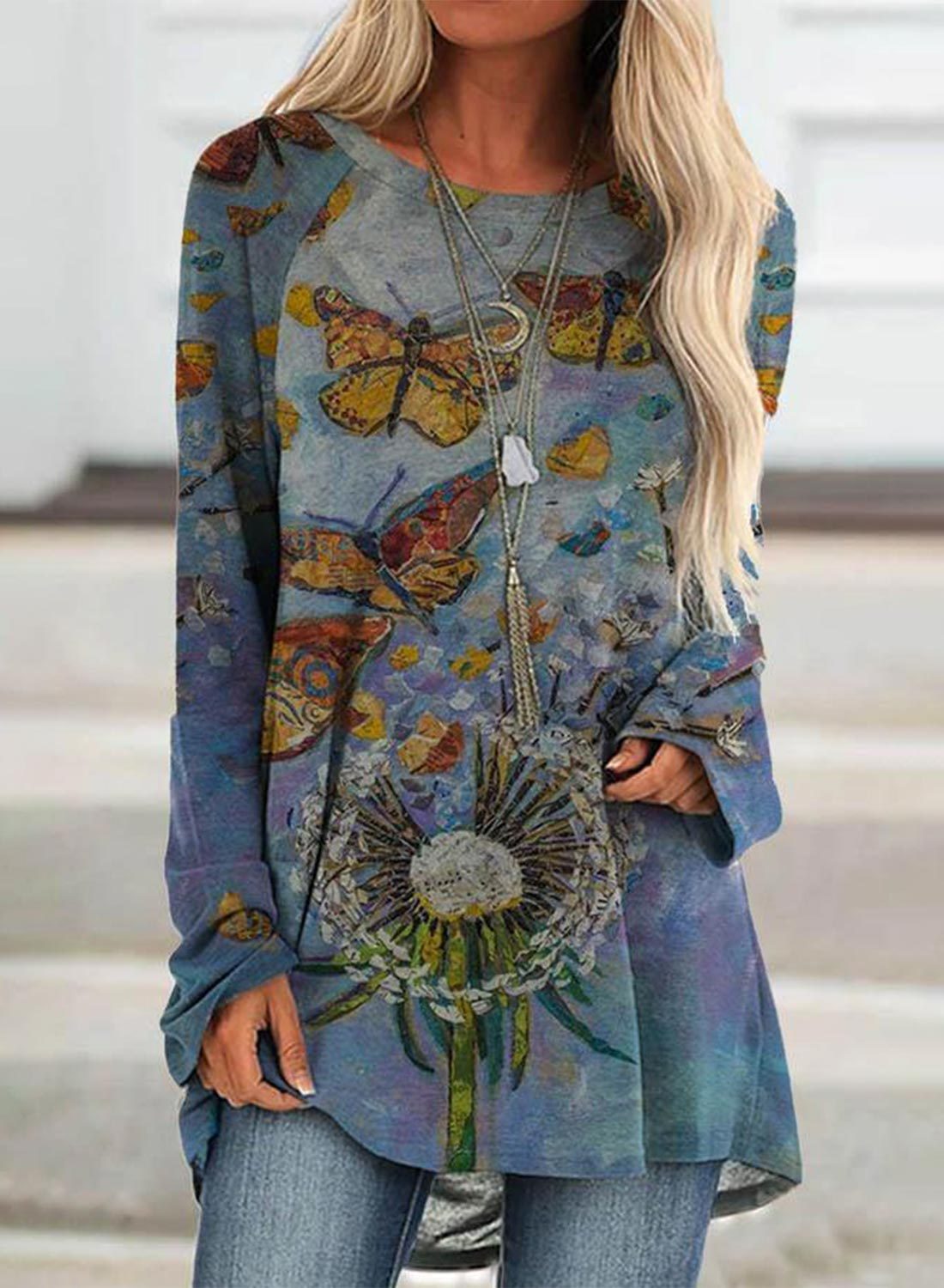 womens-tunics-abstract-butterfly-dandelion-long-sleeve-round-neck-daily ...