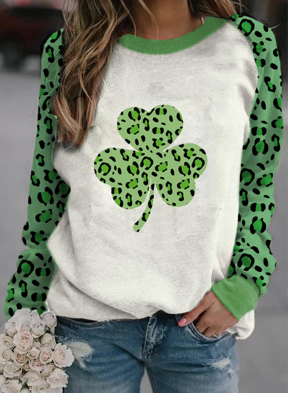 Womens T Shirts Saint Patricks Day Leopard Letter Long Sleeve Round   6301ec1fca245d03 