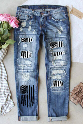 Women's Jeans Flag Patchwork Straight Mid Waist Jeans