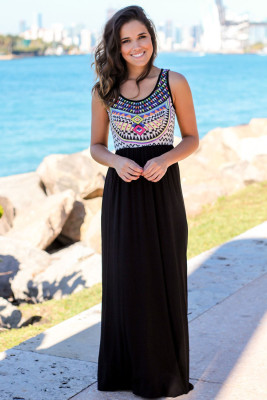 Stylish Aztec Print Sleeveless Black Maxi Dress