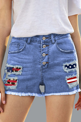 Women's Shorts Flag Leopard Raw Hem Mid Waist Denim Shorts
