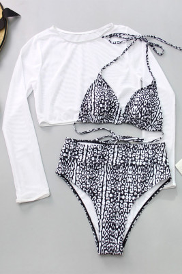 Black Three-piece Triangle Bikini with 3/4 Sleeve Crop Top