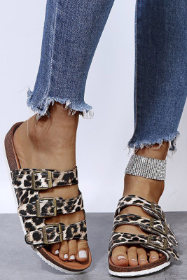 Triple Buckles Leopard Flat Sandals