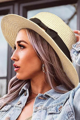 Beige Bow Band Straw Hat