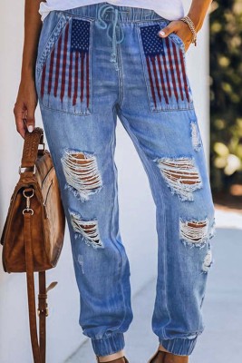Women's Jeans Flag Ripped Low Rise Joggers Jeans