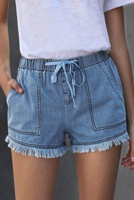Sky Blue Casual Pocketed Frayed Denim Shorts