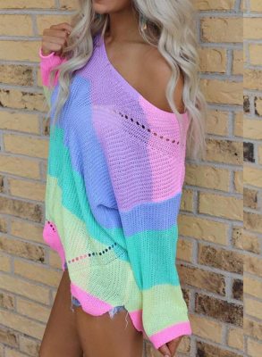Casual One Shoulder Color Block Sweater