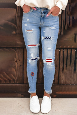 Women's Jeans Flag Raw Hem Mid Waist Slim Jeans
