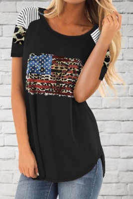 Women's T-shirts Leopard Flag Striped T-shirt