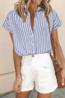 Blue Short Sleeve Buttoned Striped Print Blouse