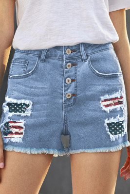 Women's Shorts Straight Mid Waist Flag Raw Hem Jeans Shorts