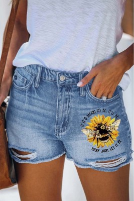 Women's Shorts Sunflower Bee Ripped Straight Denim Shorts