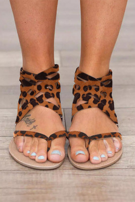 Brown Leopard Summer Cross-Tied Zipper Flat Sandals