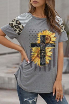Women's T-shirts Flag Sunflower Leopard Striped T-shirt