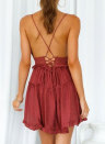 Women's Mini Dress Solid Ruched Hem Lace Open-back Dress