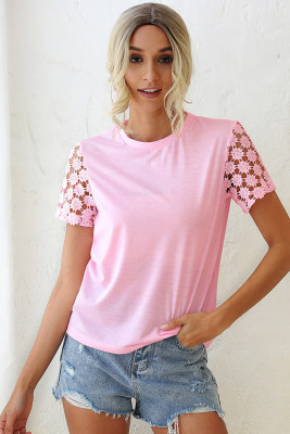 Pink Floral Lace Sleeve Patchwork Tee