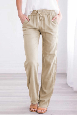 Khaki Drawstring Elastic Waist Pockets Long Straight Legs Pants