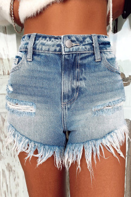 Frayed Tasseled High Waist Denim Shorts