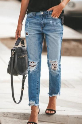 Leopard Patchwork Hollow Out Frayed Hem Ripped Jeans