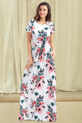 Pocket Design Short Sleeve White Floral Maxi Dress