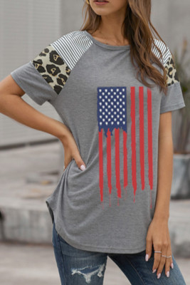 Women's T-shirts Flag Leopard Striped T-shirt