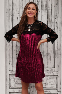 Burgundy Lace Patch 3/4 Sleeve Pleated Velvet Dress