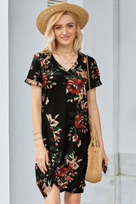 Black Floral Print Short Sleeve Side Knot T-shirt Dress