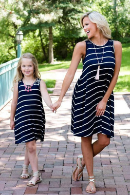 Daughter and Me Family Matching Navy Striped Sleeveless Mini Dress