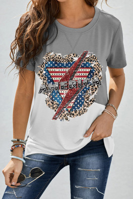 Women's T-shirts Flag Leopard Letter T-shirt