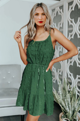 Green Swiss Dot Spaghetti Drawstring Mini Dress