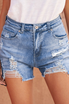 Blue High Rise Destroyed Denim Shorts
