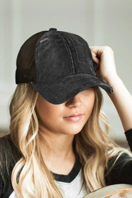 Black Distressed Washed Mesh Back Ponytail Baseball Cap
