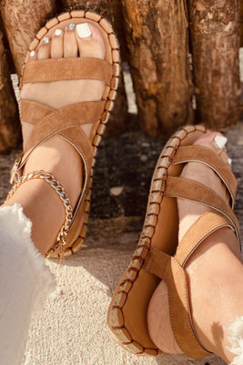 Brown Open Toe Crisscross Straps PU Flat Sandals