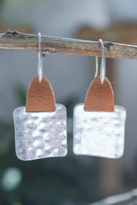 Leather Accent Silver Geometric Earrings