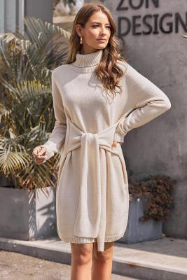 Apricot Long Sleeve Tie Waist Turtleneck Pullover Sweater Dress