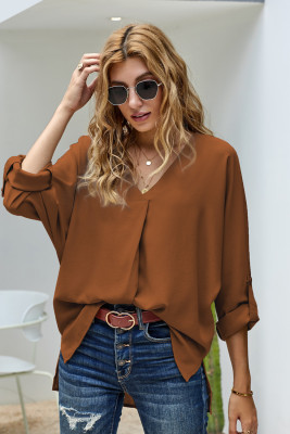 Brown V Neck 3/4 Sleeve High Low Hem Shirt