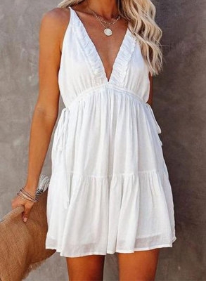Women's Mini Dress Solid Knot Fit & Flare V Neck Sleeveless Vacation Casual Mini Dress