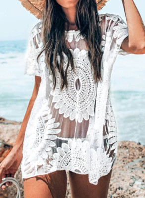 Women's Cover Ups Floral Shift Mesh Short Sleeve Round Neck Vacation Beach Cover Ups