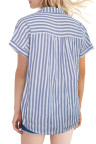 Blue Short Sleeve Buttoned Striped Print Blouse