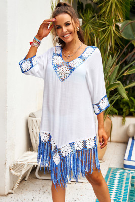 White Floral Crochet V Neck Tasseled Hem Beach Cover Ups