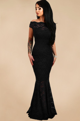 Black Bardot Lace Fishtail Maxi Dress