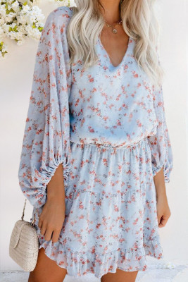 Sky Blue V Neck Lantern Sleeves Floral Tunic Dress