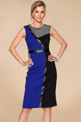 Blue Black Asymmetric Patchwork Leather Trim Sheath Dress