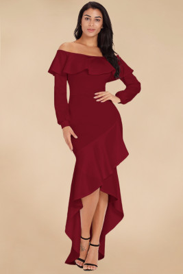 Burgundy Lantern Sleeve Asymmetric Ruffle Hem Prom Dress