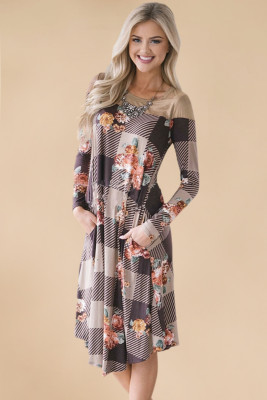 Brown Floral Checked Long Sleeve Casual Midi Dress
