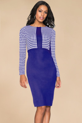 Cobalt Blue Houndstooth Patchwork Pencil Midi Dress