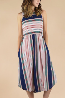 Pink Blue Striped Sleeveless Midi Dress